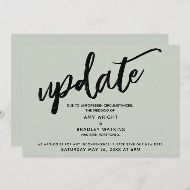 Handwriting Postponed Wedding Update Sage Card (Front/Back)
