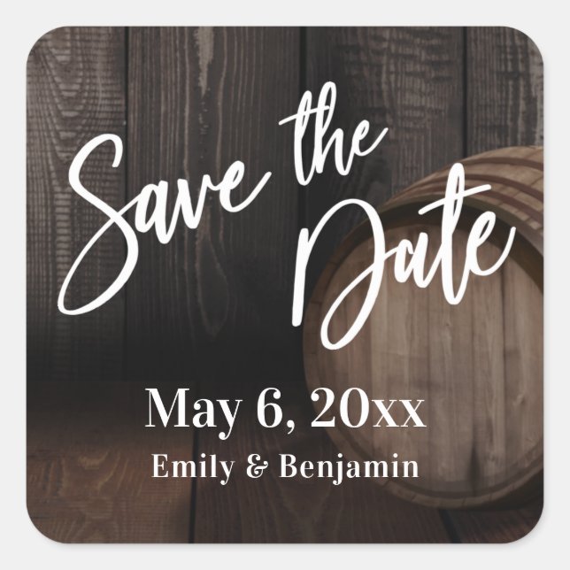 Handwriting Save the Date Brown Wooden Barrel Square Sticker (Front)