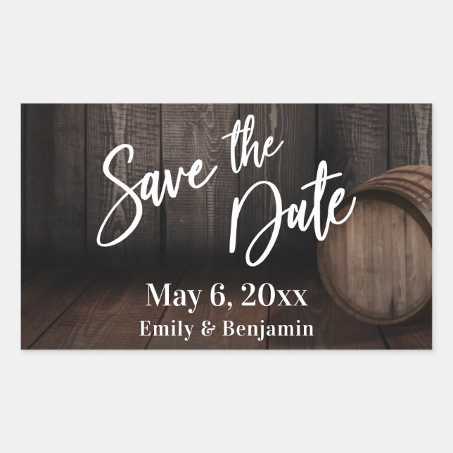 Handwriting Save the Date Brown Wooden Barrel Sticker (Front)