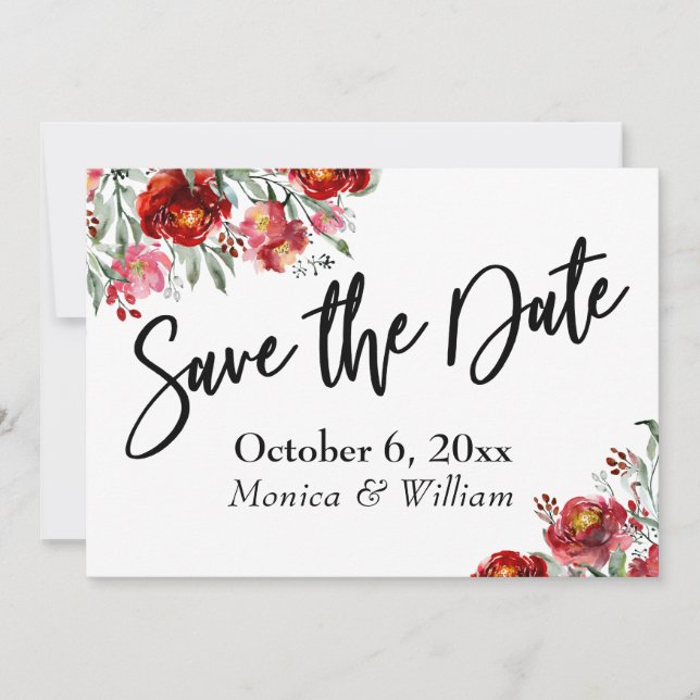 Handwriting Save the Date Burgundy Red Flowers (Front)