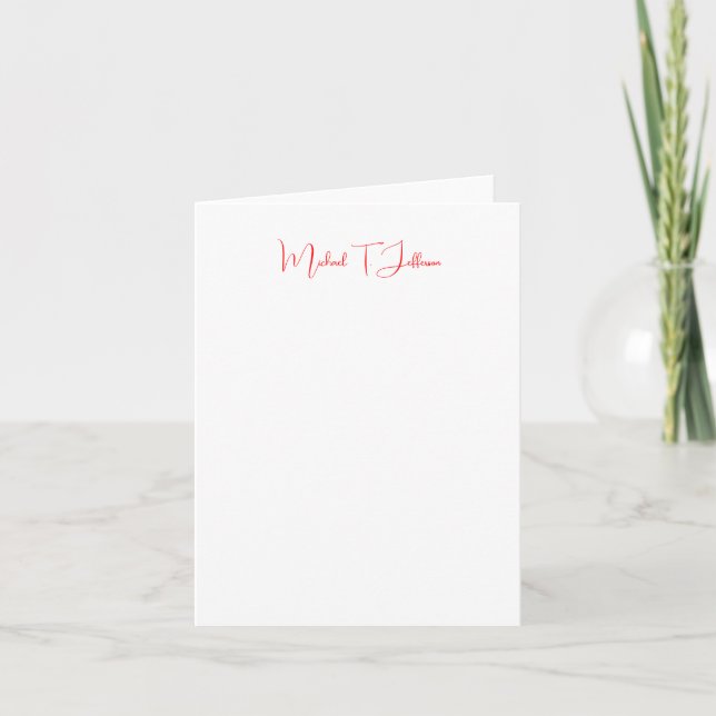 Handwriting Script Elegant Plain Simple Red White Note Card (Front)