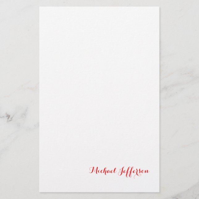 Handwriting Script Elegant Plain Simple Red White Stationery (Front)