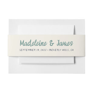 Handwriting Script Green Blue Retro Wedding Invitation Belly Band