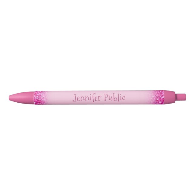Handwriting Script Name Girly Pink Glitter Trendy Black Ink Pen (Front)