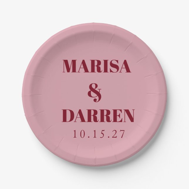 Handwriting Script Red Pink Custom Wedding Paper Plate (Front)