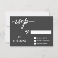 Handwriting Script RSVP in Bold White on Dark Grey