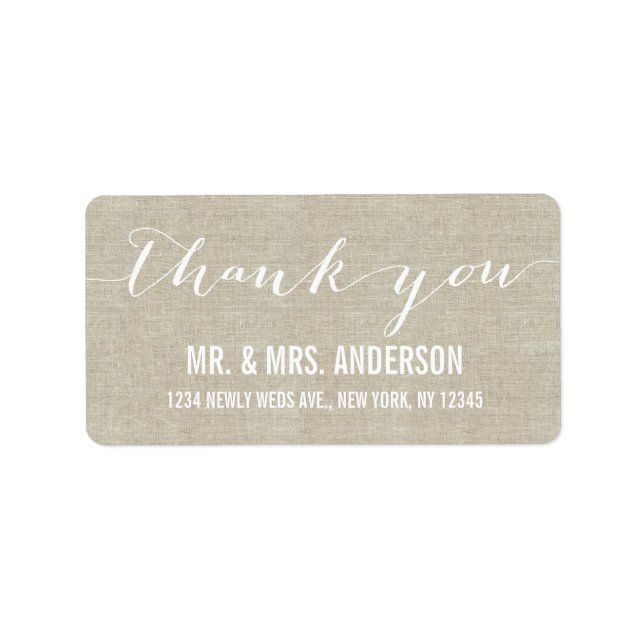 Handwriting Script Wedding Thank You Beige Linen Label (Front)
