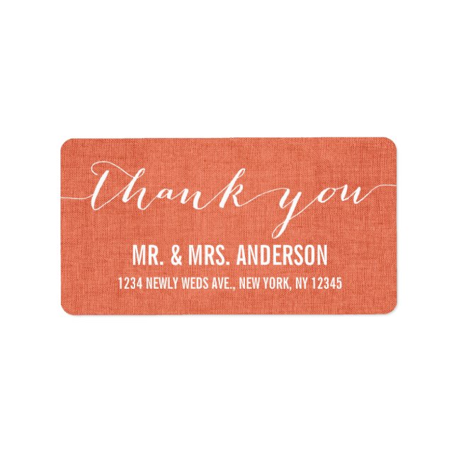 Handwriting Script Wedding Thank You Coral Linen Label (Front)