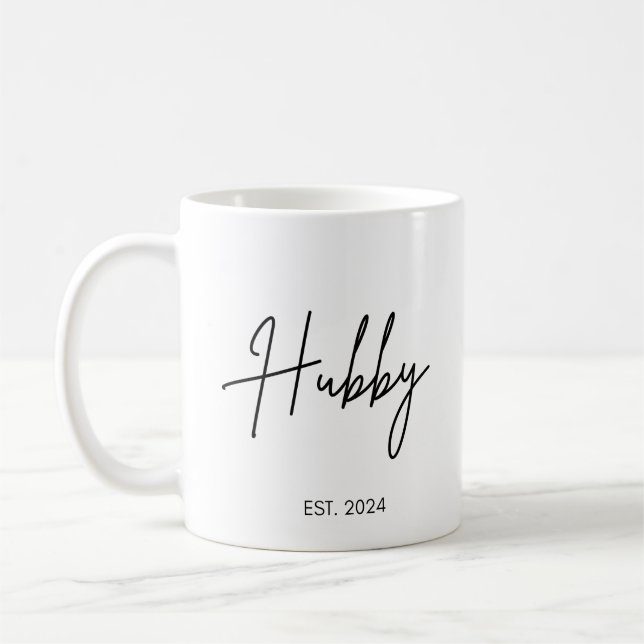 Handwriting Simple Hubby Wifey Wedding Date Couple Coffee Mug (Left)