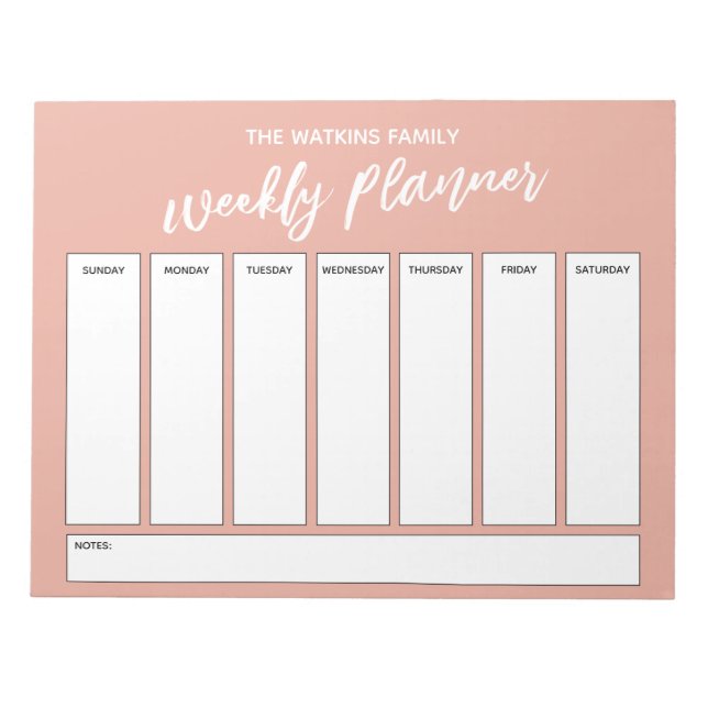 Handwriting, Simple Weekly Planner Coral Pink Notepad (Front)
