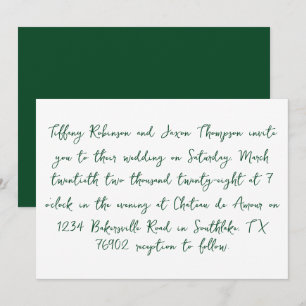 Handwriting Style White and Forest Green Wedding Invitation