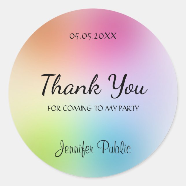 Handwriting Thank You Script Text Party Colourful Classic Round Sticker (Front)