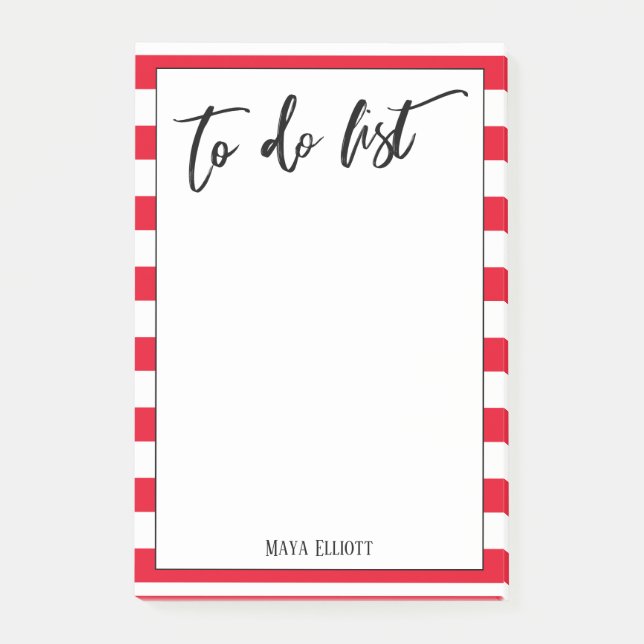 Handwriting To Do List Bright Red White Stripes Post-it Notes (Front)