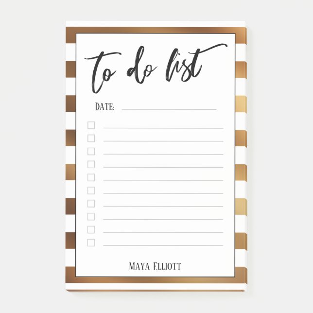 Handwriting To Do List Gold White Stripes, Lined Post-it Notes (Front)