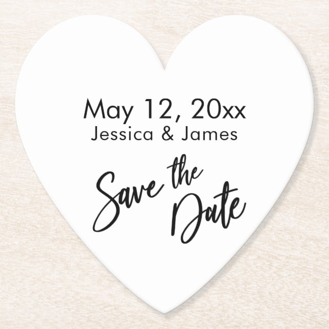 Handwriting Typography Black & White Save the Date Paper Coaster (Front)