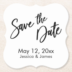 Handwriting Typography Black & White Save the Date Paper Coaster