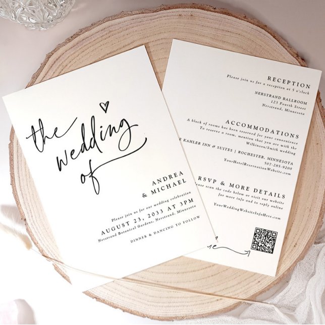 Handwriting with Heart Wedding Modern QR Code Invitation (Elegant handwriting wedding invitation with heart and details on back (all in one invite))