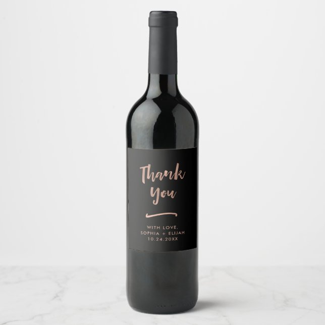 Handwritten and Modern | Faux Rose Gold Thank You Wine Label (Front)
