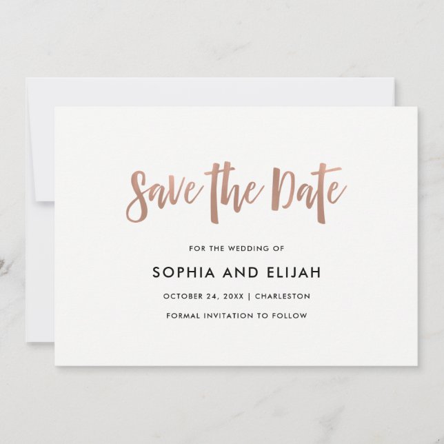 Handwritten and Modern | Faux Rose Gold with Photo Save The Date (Front)