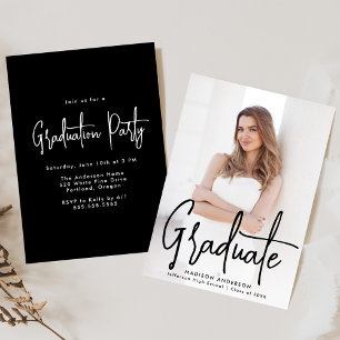 Handwritten Black Script Photo Graduation Party Invitation