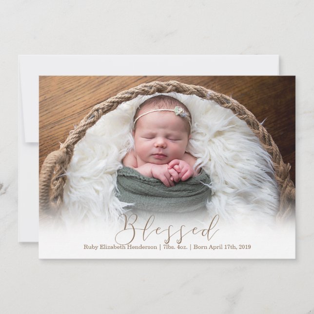 Handwritten Blessed Modern Photo Birth Announcement (Front)