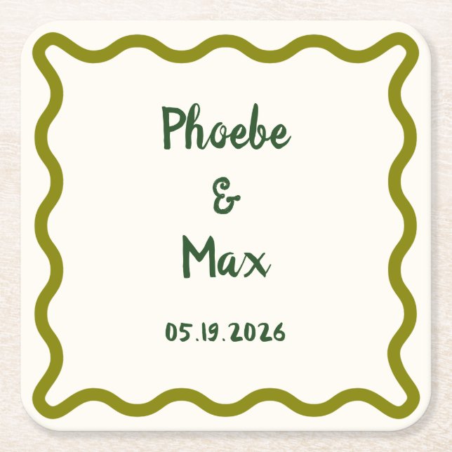 Handwritten Bold Whimsical Wavy Border Wedding  Square Paper Coaster (Front)