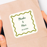 Handwritten Bold Whimsical Wavy Border Wedding  Square Sticker<br><div class="desc">This design features a simple,  whimsical,  hand-drawn style wavy border. The font used for the main text is casual and playful,  with a handwritten quality to it,  giving it a personal,  intimate touch. Use this design if you want prioritize a friendly and approachable vibe to your wedding over formality.</div>