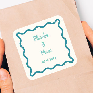 Handwritten Bold Whimsical Wavy Border Wedding  Square Sticker