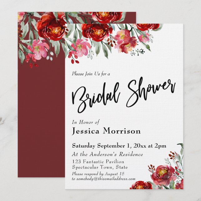 Handwritten Bridal Shower Burgundy Red Flowers Invitation (Front/Back)