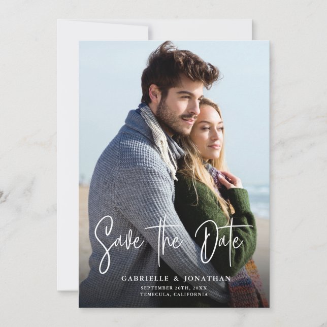 Handwritten Calligraphy Simple Photo Save The Date (Front)
