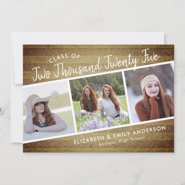 Handwritten Class of 2025 | 3 Photos Rustic Invitation (Front)