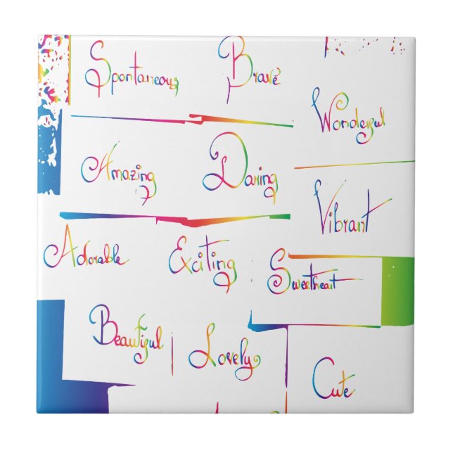 Handwritten Colourful Positive Inspirational words Tile (Front)