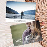 Handwritten | Double-Sided Photo Save the Date<br><div class="desc">A modern save the date card designed to accommodate your favourite horizontal or landscape oriented full-bleed engagement photo, with an additional photo on the back. "Save the date" appears as an overlay along the bottom in white handwritten style script lettering, with your names, wedding date and wedding location beneath. Add...</div>