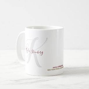 Handwritten font style monogrammed white coffee mug