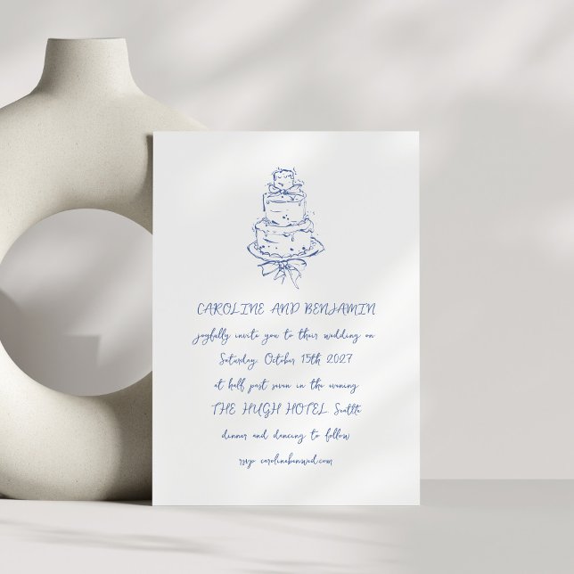 Handwritten French Blue Doodles Chic Wedding Cake Invitation (Creator Uploaded)