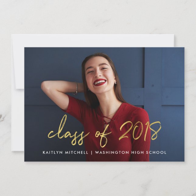 Handwritten Gold | Class of 2018 Photo Grad Party Invitation (Front)
