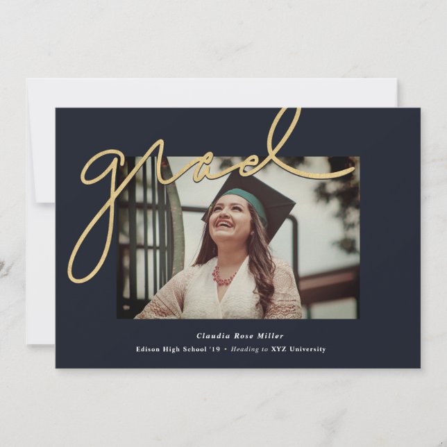 Handwritten Grad Navy and Gold Photo Graduation Announcement (Front)