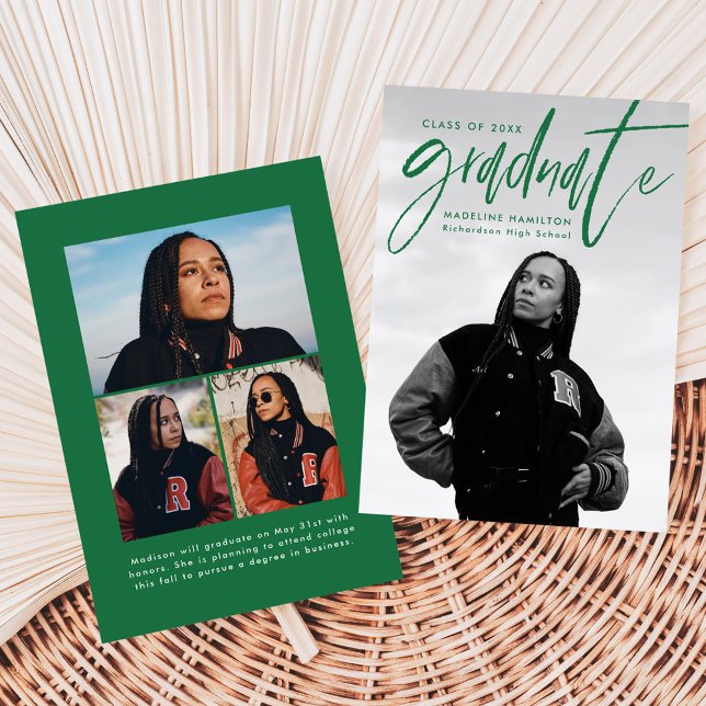 Handwritten Green Brush Script 4 Photo Graduation Announcement (Creator Uploaded)
