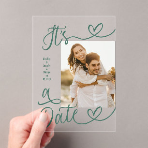 Handwritten Green Heart It's A Date Photo Wedding Acrylic Invitations