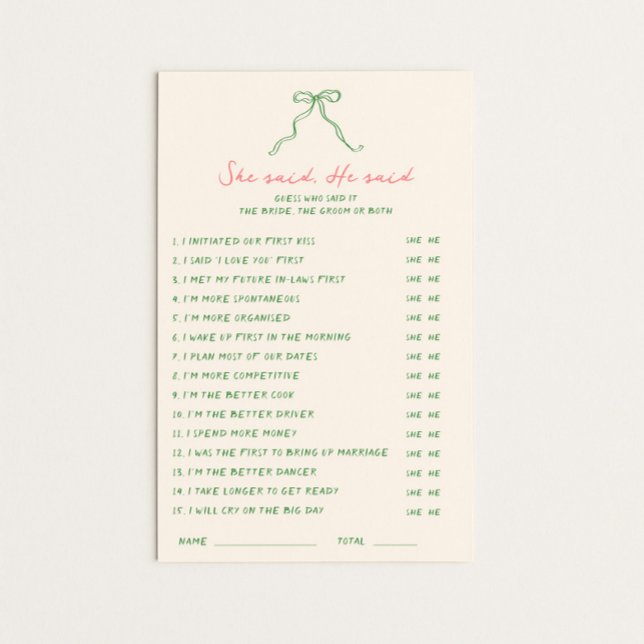 Handwritten Green Pink She said He said Game (Creator Uploaded)