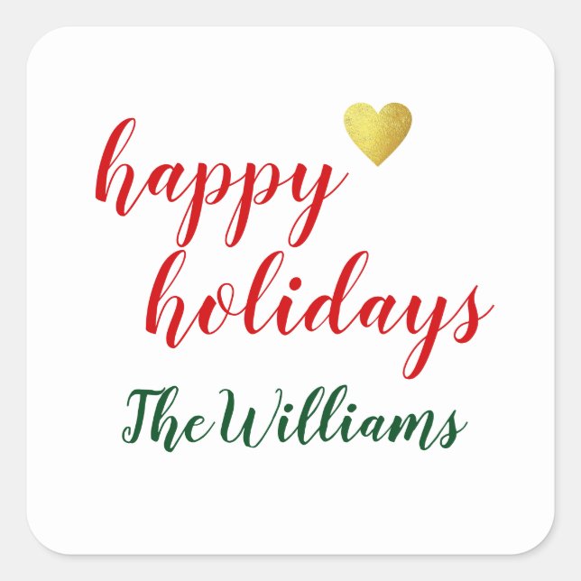 handwritten happy holidays + family name, xmas  square sticker (Front)