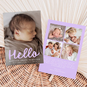Handwritten Hello Lavender Photo Collage Birth Announcement