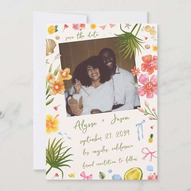 Handwritten Island Tropical Colorful Beach Wedding Save The Date (Front)
