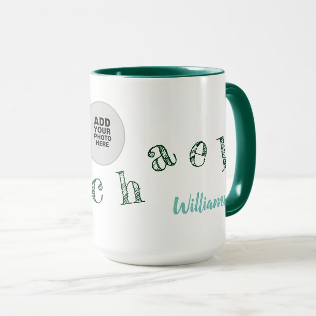 handwritten letters of your name + photo on green mug (Front Right)