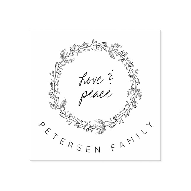 Handwritten love & peace winter wreath family name rubber stamp (Imprint)