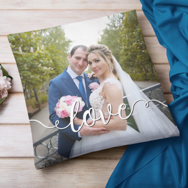 Handwritten Love Script Wedding Two Photo Throw Pillow (Creator Uploaded)