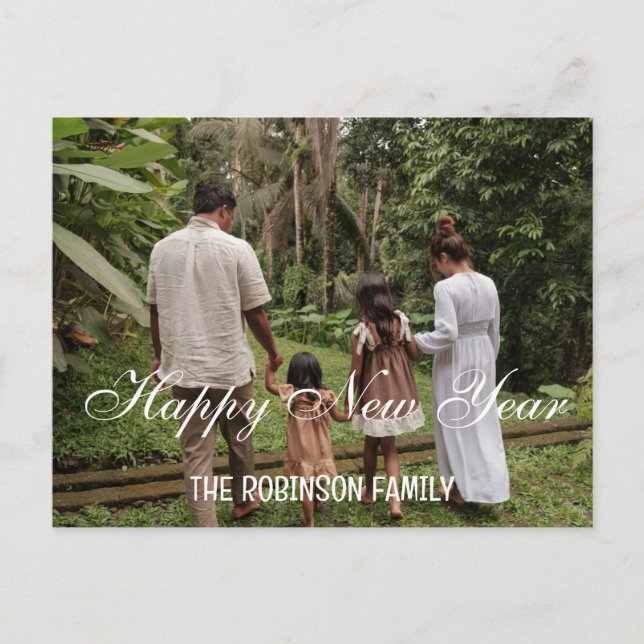 Handwritten minimalist Happy New Year photo Holiday Postcard (Front)