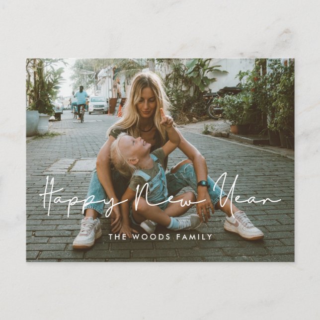 Handwritten minimalist Happy New Year photo Postcard (Front)