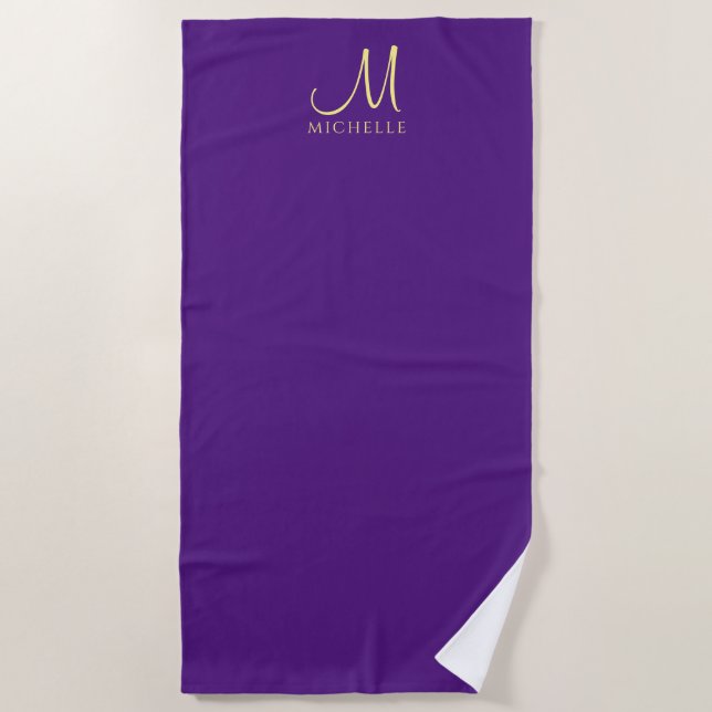 Handwritten Monogram Name Royal Purple & Gold Beach Towel (Front)