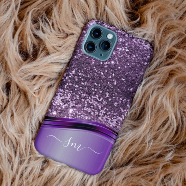 Handwritten Monogram Purple Glitter Look Wave Case-Mate iPhone Case (Creator Uploaded)